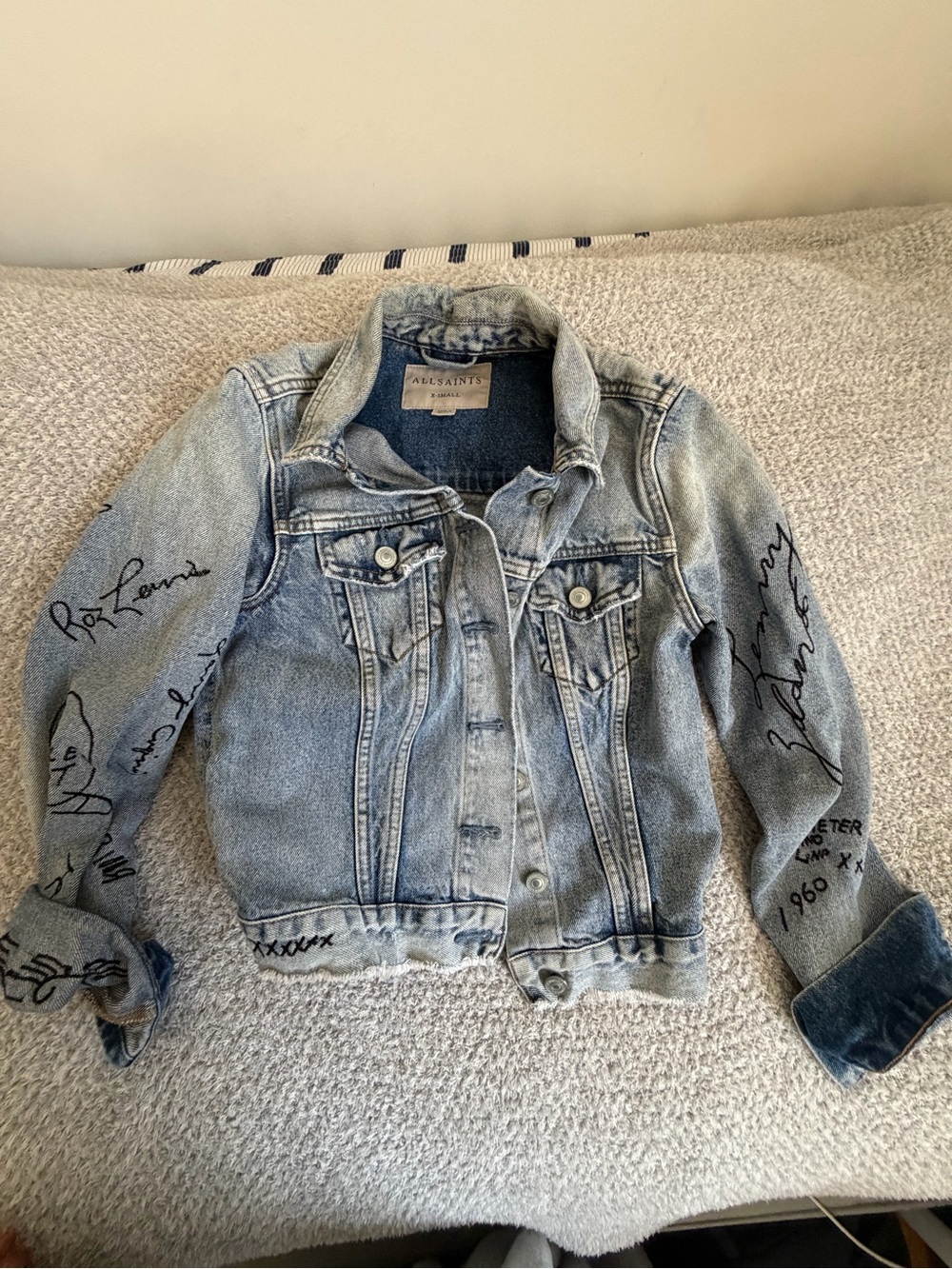 AllSaints Light Wash Denim Jacket with Black Script